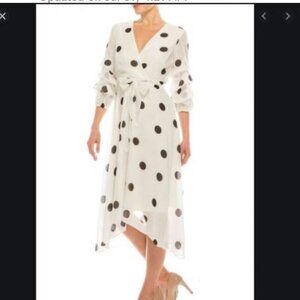 NWT Maison Tara High Low Faux Wrap midi dress Womens 16 black white polka dot